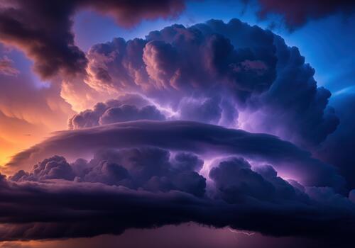 Tempestuous cumulonimbus cloudscape with dramatic purple lightning and sunset colors photo