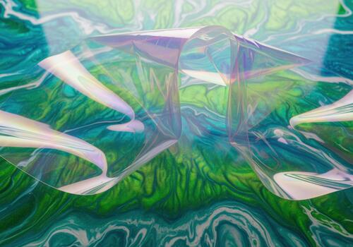 Abstract iridescent cellophane texture draped over vibrant green and blue liquid marble pattern. photo