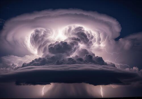 Towering anvil cumulonimbus cloud illuminated by powerful lightning during a severe storm photo