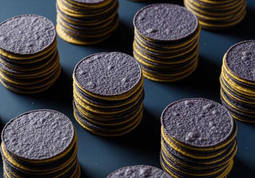 Repetitive pattern of stacked blue and yellow corn tortillas on a dark blue surface. photo