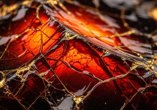 Abstract macro texture of glowing volcanic glass repaired with golden kintsugi lines photo