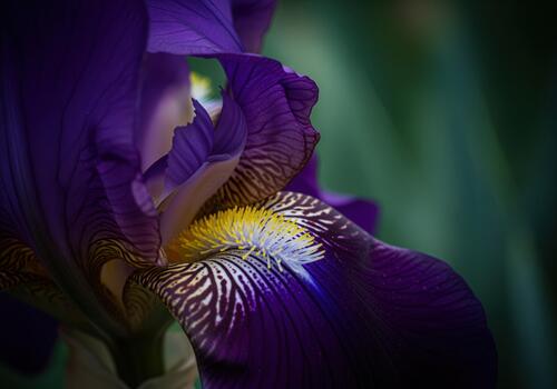 Robust velvet texture of a deep purple iris bloom focusing on the intricate yellow beard. photo