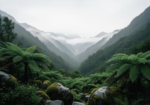 Lush temperate rainforest valley view with giant tree ferns, mossy rocks, and heavy rain. photo