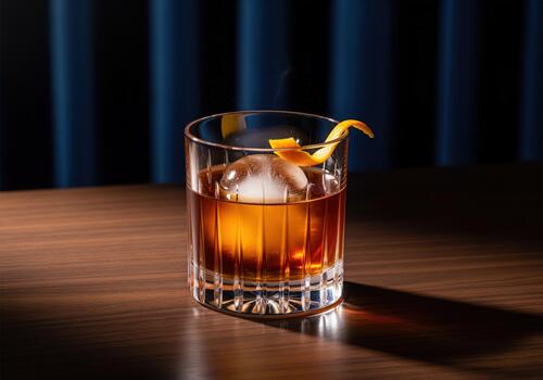 Whiskey cocktail in a crystal rocks glass with spherical ice cube and orange garnish photo
