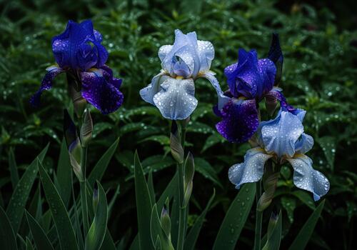Striking vertical array of deep navy blue and icy pale blue irises covered in raindrops. photo