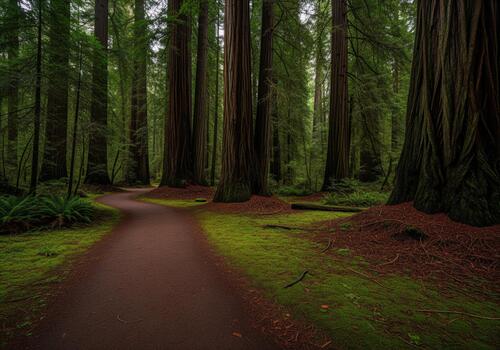 Quiet forest path winding through colossal ancient redwood trees in a lush environment. photo
