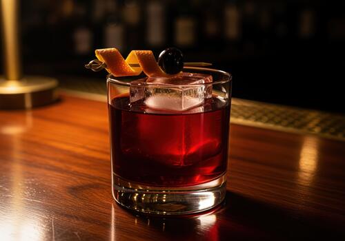 Deep ruby red classic cocktail with square ice cube and orange garnish on a dark bar counter photo