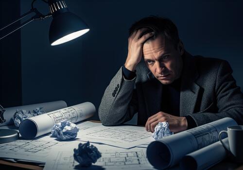 Overworked architect man struggling with stress and failure late at night under desk lamp light photo