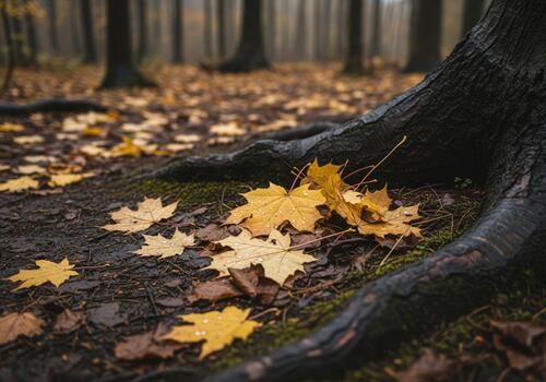 Moody autumn forest floor with wet yellow maple leaves and dark tree roots on a damp day. photo