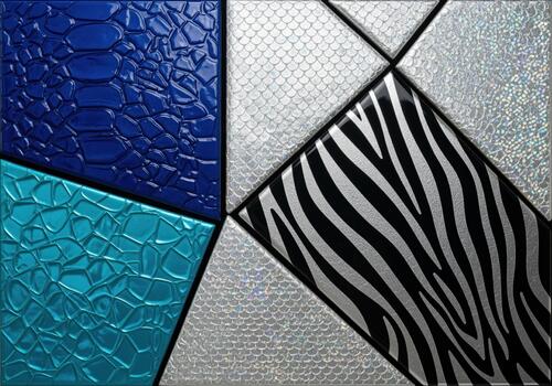 Luxury abstract geometric pattern of exotic animal textures in metallic silver, blue, and teal. photo
