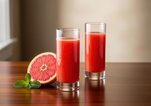 Two elegant tall tumblers filled with fresh ruby red grapefruit juice on a polished wooden table. photo