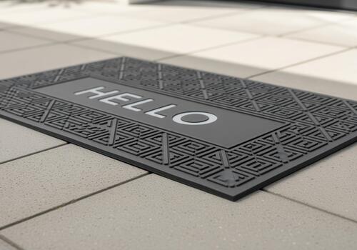 Stylish dark gray rubber welcome mat featuring a geometric pattern and the word HELLO. photo