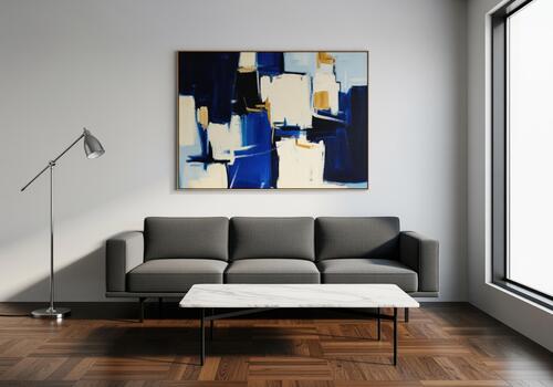 Modern minimalist interior design with grey sofa, marble coffee table, and abstract art. photo