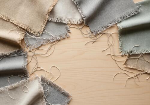 raído lino tela muestras en neutral colores formando un marco en un ligero madera antecedentes. foto