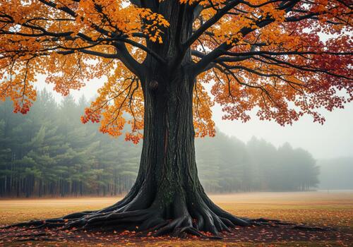 Majestic autumn maple tree with massive exposed roots standing in a foggy meadow. photo