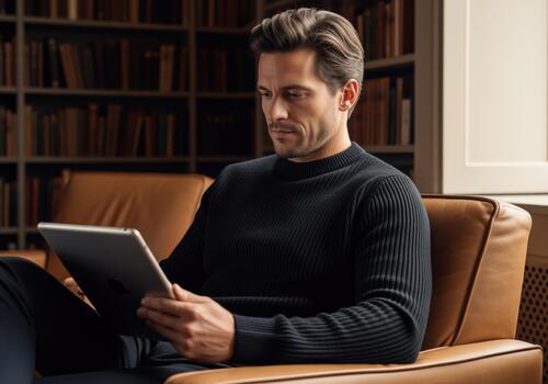 Stylish man in black sweater focused on digital tablet in a cozy library setting photo