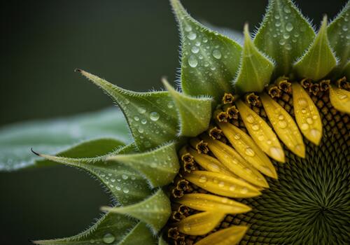 Detailed macro view of a sunflower head with water drops highlighting the natural spiral pattern. photo