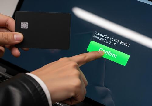 Hand pressing confirm button for a digital payment transaction holding a black credit card. photo