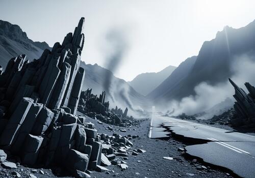 Post apocalyptic cracked highway in a desolate valley with basalt rock spires and smoke. photo