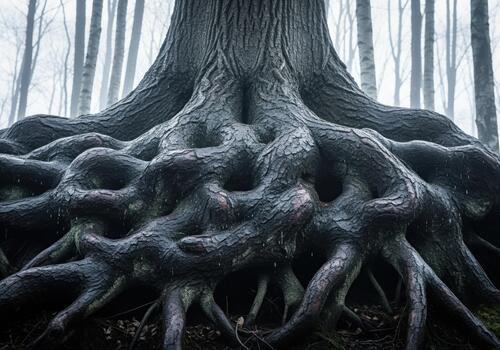 Giant twisted root flare of an old massive tree gripping the ground in a misty forest photo