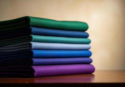 Colorful stack of luxury cashmere fabric folded neatly in a vibrant color gradient photo
