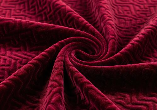 Rich burgundy velvet fabric texture with embossed geometric pattern and dramatic swirl photo