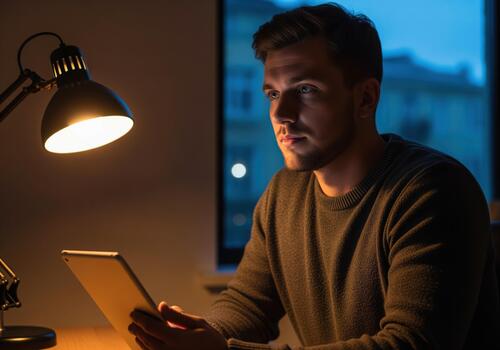 Focused young man using a digital tablet working late at night illuminated by a desk lamp. photo