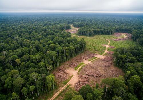 Aerial view of clear cutting and logging destruction in a dense tropical rainforest. photo