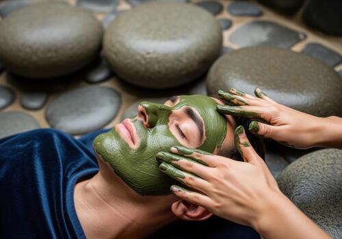 Hands applying a deep green clay mud mask on a man face during a spa session photo