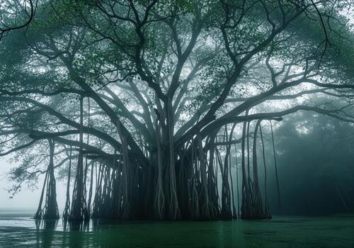 Massive banyan tree with aerial roots submerged in dark foggy swamp water photo