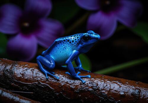 Vibrant electric blue poison dart frog on a wet branch in a dark jungle setting. photo
