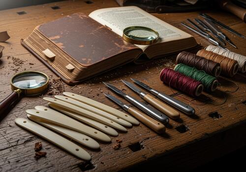 Vintage bookbinding tools, thread, bone folders, and open book on a rustic wooden workbench. photo
