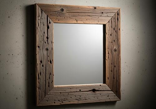 Rustic square mirror framed by weathered reclaimed wood on a dark concrete wall photo