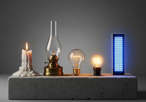 Technological progress of light sources candle oil lamp incandescent bulb LED panel photo