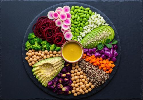 Healthy deconstructed vegan buddha bowl with fresh vegetables and grains, top view. photo