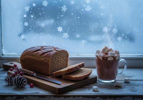 Rustic dark rye bread and hot cocoa with marshmallows on a snowy winter window. photo
