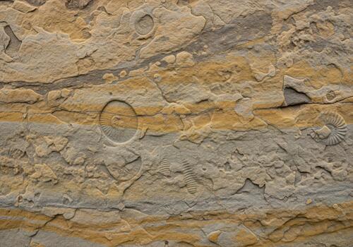 Ancient sandstone rock texture with embedded ammonite fossils and layered geological strata. photo