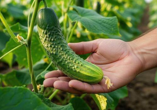 Hand of a gardener checking a fresh ripe cucumber growing on a vine in a greenhouse. photo