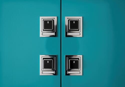 Four identical retro chrome push button switches mounted on a bright turquoise panel photo