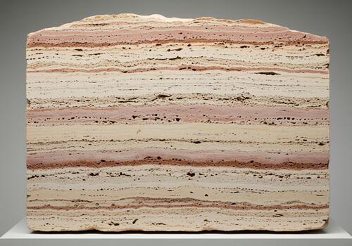 en capas tufo Roca cruzar sección mostrando horizontal bandas de crema, rosa, y oxido foto