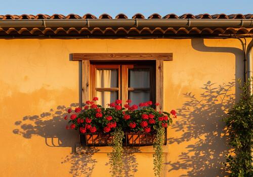 Rustic wooden window frame adorned with red geraniums on a warm yellow stucco wall photo