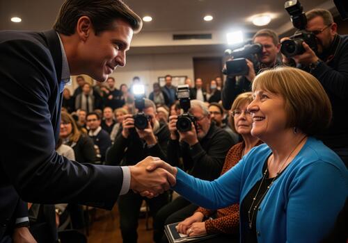 Leader shaking hands with community member during public event surrounded by media coverage photo