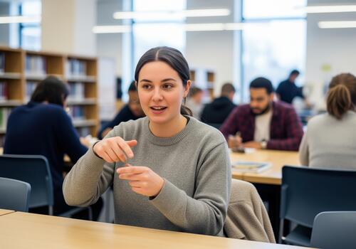 Smiling young woman student explaining something with hand gestures in a modern library photo