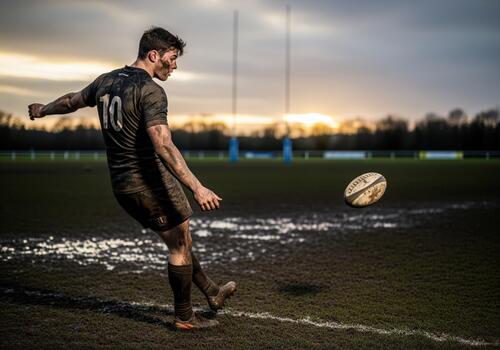 Focused rugby player covered in mud kicking the ball on a wet field at sunset photo