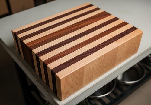 Thick end grain butcher block cutting board with alternating light and dark wood stripes photo