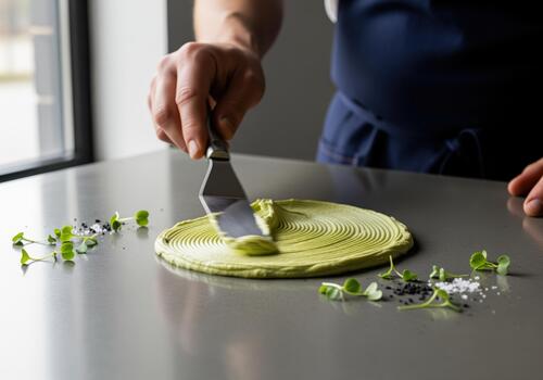 Close up of a chef using a spatula to spread green avocado cream for plating. photo