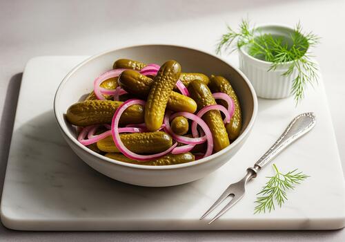 Bowl of pickled gherkins and red onion slices served on a white marble board with a fork. photo
