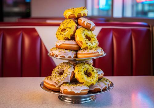 Towering stack of lemon and pistachio glazed donuts on a tiered tray in a retro diner setting photo