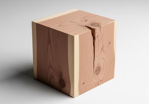 Natural wood cube block featuring a prominent crack and detailed grain texture photo