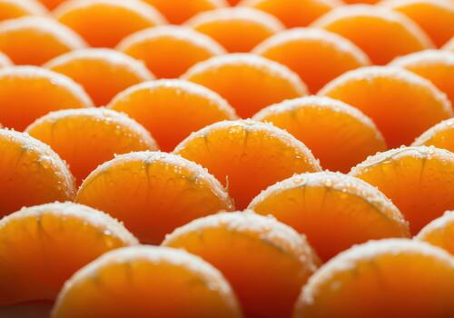Macro view of fresh mandarin orange segments with water droplets in neat rows photo